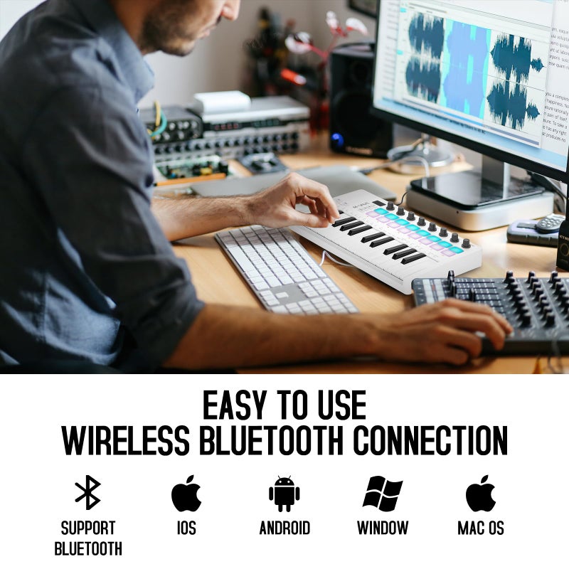 M ويف وحدة تحكم لوحة المفاتيح M-WAVE 25 مفتاح USB MIDI مع 16 وسادة طبلة بإضاءة خلفية ولوحة مفاتيح ديناميكية احترافية شبه مرجحة و8 مقابض وبرامج إنتاج الموسيقى متضمنة (16 طبلة بيضاء) - Image 4